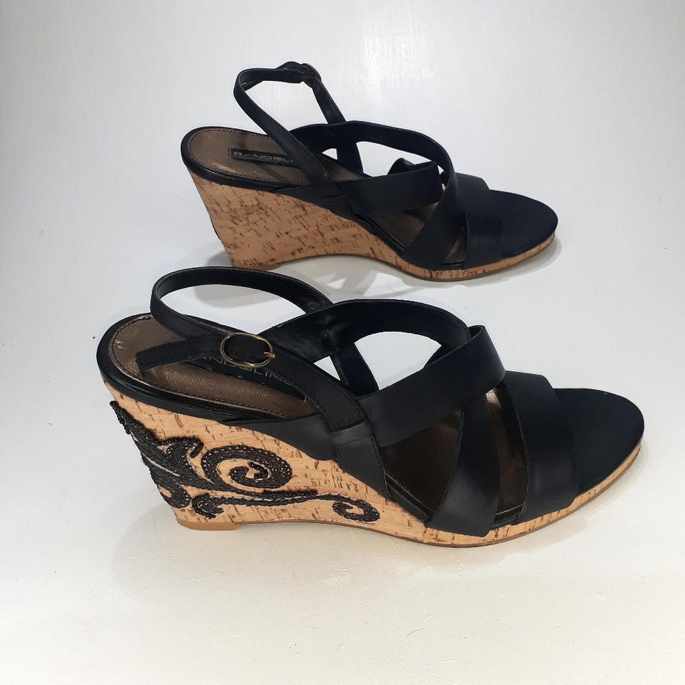 Bandolino Black Strappy Cork Wedge Sz6